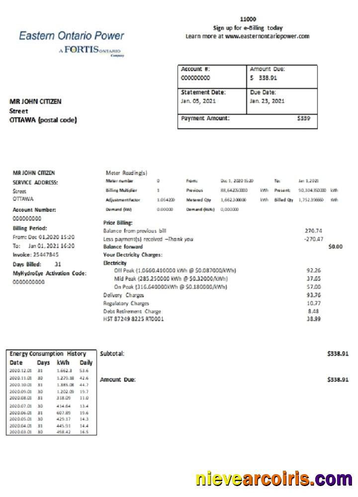 Canada Eastern Ontario Power utility bill